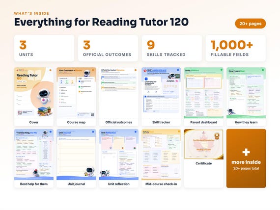 Curriculum checklist and skills tracker inside the Reading Tutor 120 workbook