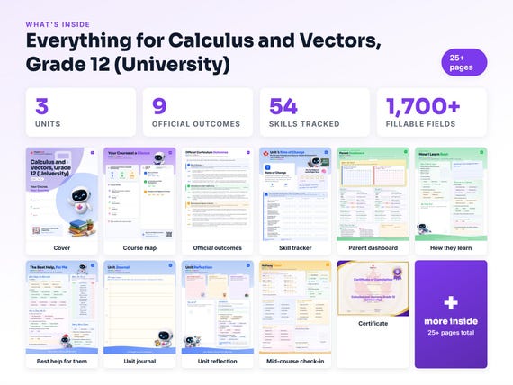 Curriculum checklist and skills tracker inside the Calculus and Vectors, Grade 12 (University) workbook