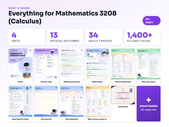 Curriculum checklist and skills tracker inside the Mathematics 3208 (Calculus) workbook