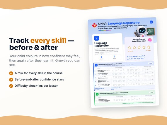 Unit reflection and certificate pages inside the English as a Second Language (Core), Secondary Cycle Two — Year 1 workbook