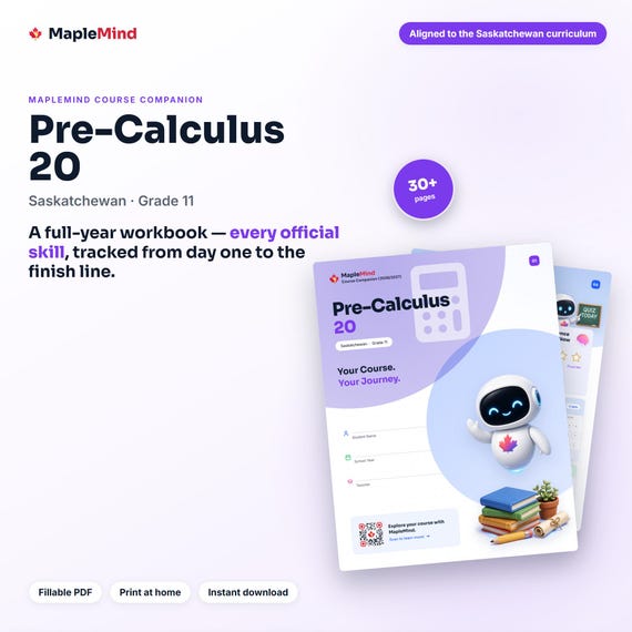 Pre-Calculus 20 Course Companion — printable workbook and progress tracker for the Pre-Calculus 20 curriculum