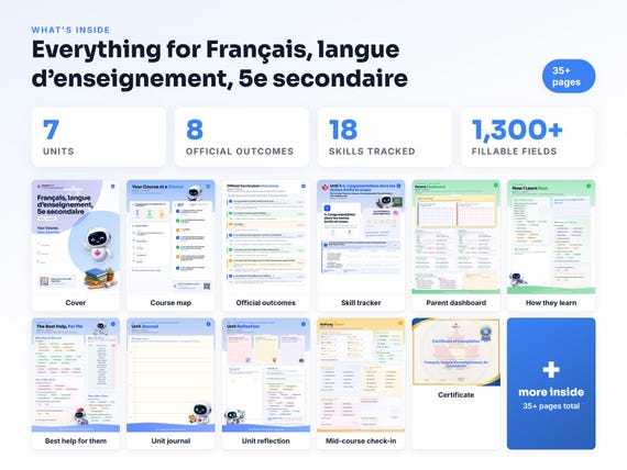 Curriculum checklist and skills tracker inside the Français, langue d’enseignement, 5e secondaire workbook