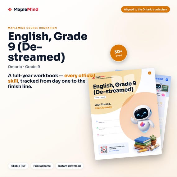 English, Grade 9 (De-streamed) Course Companion — printable workbook and progress tracker for the English, Grade 9 (De-streamed) curriculum