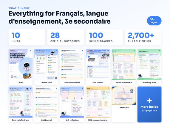 Curriculum checklist and skills tracker inside the Français, langue d’enseignement, 3e secondaire workbook