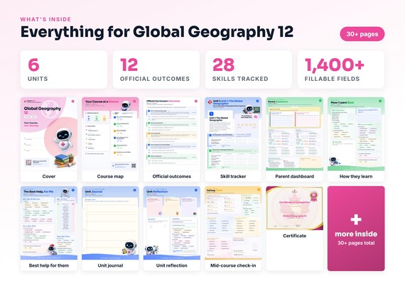Curriculum checklist and skills tracker inside the Global Geography 12 workbook