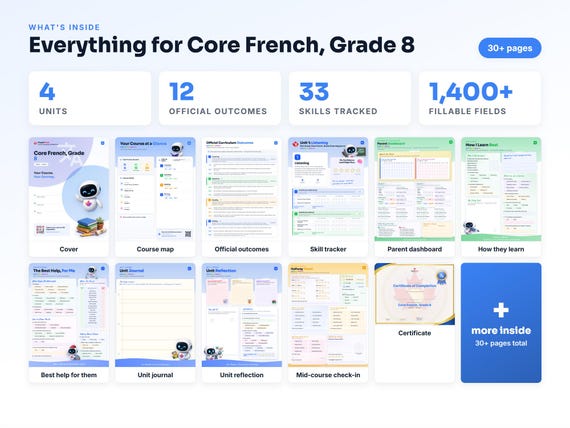 Curriculum checklist and skills tracker inside the Core French, Grade 8 workbook