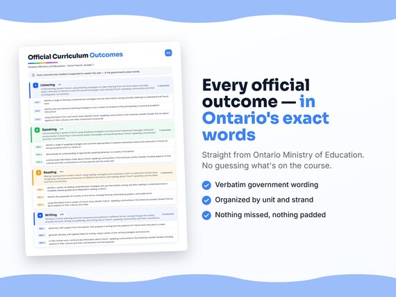 Parent dashboard and progress pages inside the Core French, Grade 7 workbook