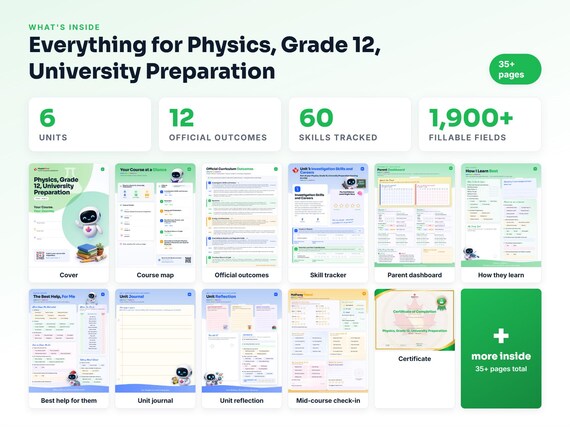 Curriculum checklist and skills tracker inside the Physics, Grade 12, University Preparation workbook