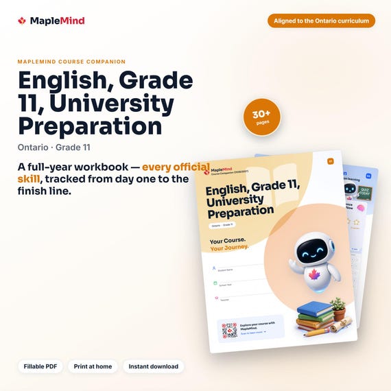 English, Grade 11, University Preparation Course Companion — printable workbook and progress tracker for the English, Grade 11, University Preparation curriculum