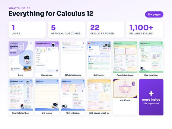 Curriculum checklist and skills tracker inside the Calculus 12 workbook