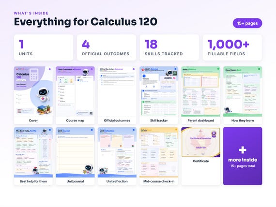 Curriculum checklist and skills tracker inside the Calculus 120 workbook