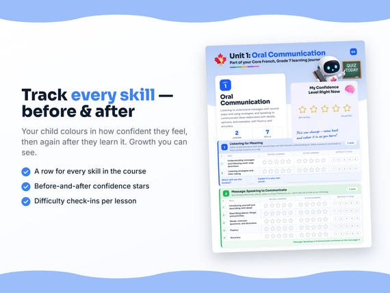 Unit reflection and certificate pages inside the Core French, Grade 7 workbook