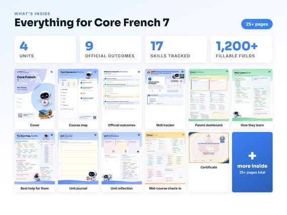 Curriculum checklist and skills tracker inside the Core French 7 workbook