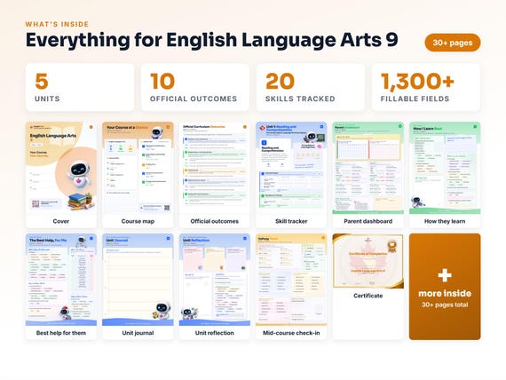 Curriculum checklist and skills tracker inside the English Language Arts 9 workbook