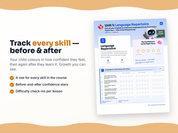 Unit reflection and certificate pages inside the English as a Second Language (Core), Secondary Cycle Two — Year 2 workbook