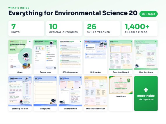 Curriculum checklist and skills tracker inside the Environmental Science 20 workbook