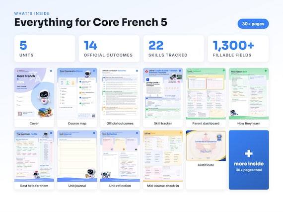 Curriculum checklist and skills tracker inside the Core French 5 workbook