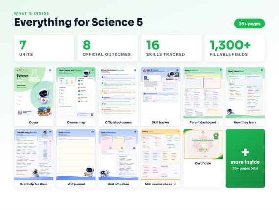 Curriculum checklist and skills tracker inside the Science 5 workbook