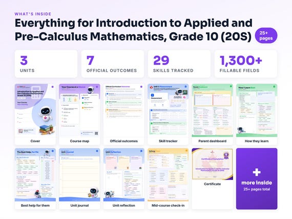 Curriculum checklist and skills tracker inside the Introduction to Applied and Pre-Calculus Mathematics, Grade 10 (20S) workbook