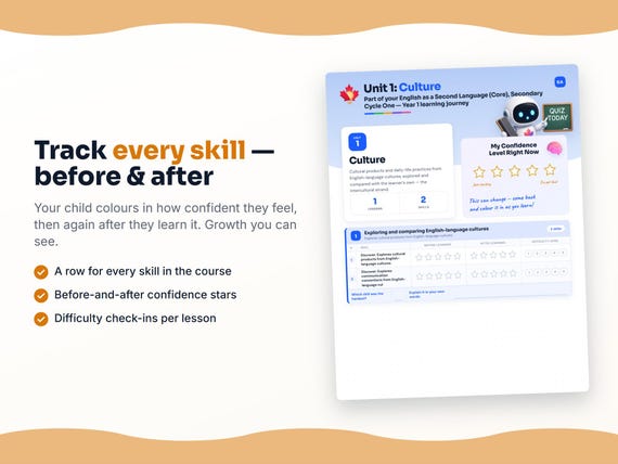 Unit reflection and certificate pages inside the English as a Second Language (Core), Secondary Cycle One — Year 1 workbook