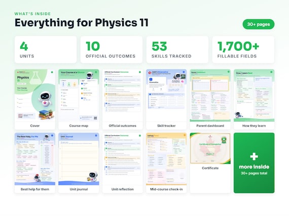 Curriculum checklist and skills tracker inside the Physics 11 workbook