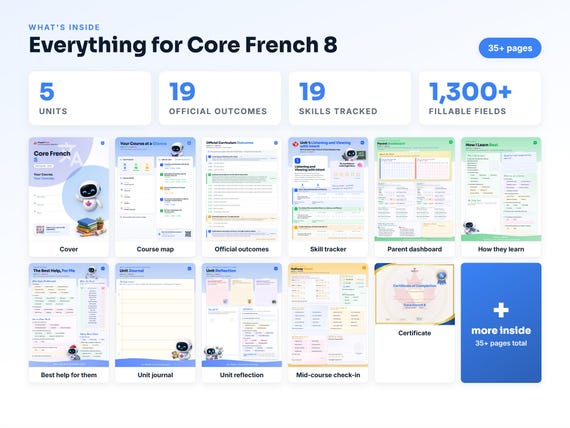 Curriculum checklist and skills tracker inside the Core French 8 workbook