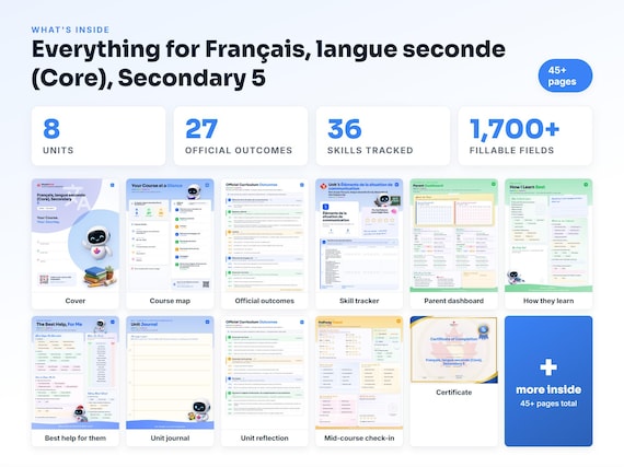 Curriculum checklist and skills tracker inside the Français, langue seconde (Core), Secondary 5 workbook