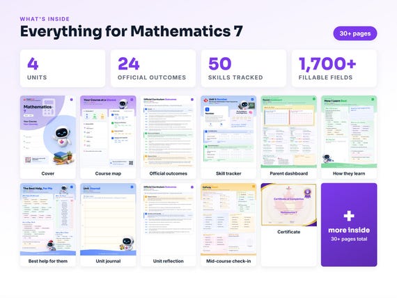 Curriculum checklist and skills tracker inside the Mathematics 7 workbook