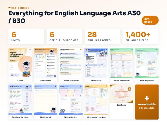 Curriculum checklist and skills tracker inside the English Language Arts A30 / B30 workbook