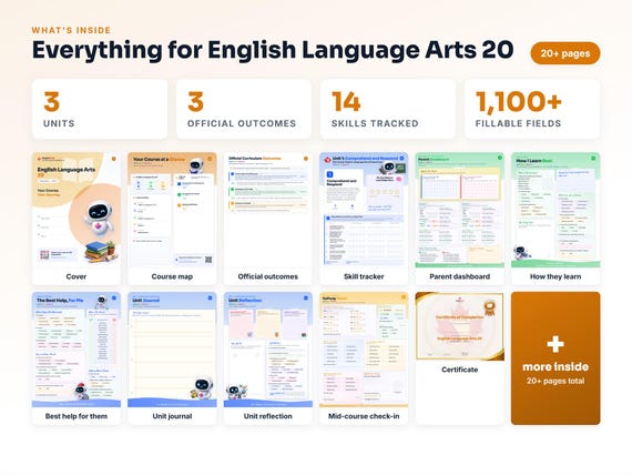 Curriculum checklist and skills tracker inside the English Language Arts 20 workbook