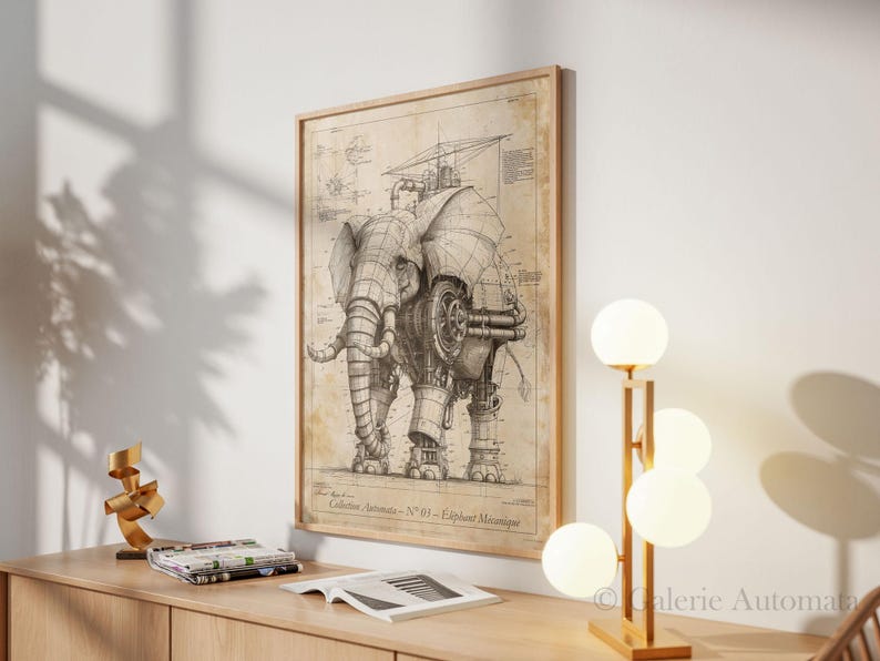 Mechanical Elephant Poster No 03, Steampunk Elephant Art, Vintage ...