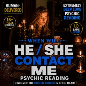 Könnte beinhalten: Eine Werbeanzeige für einen Wahrsagedienst mit folgendem Text: HUMAN-DELIVERED, EXTREMELY DEEP LOVE PSYCHIC READING, 15+ YEARS EXPERIENCE, SAME HOUR, WHEN WILL HE / SHE CONTACT ME, PSYCHIC READING, DISCOVER THE HIDDEN TRUTHS IN THEIR HEART.