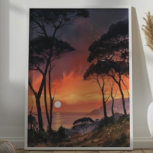 Puede incluir: Una impresión de arte mural rectangular enmarcada que representa un paisaje al atardecer con siluetas oscuras de pinos contra un cielo naranja vibrante y morado intenso, con un mar en calma y un pequeño sol blanco cerca del horizonte costero.