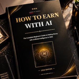 May include: A black hardcover book titled HOW TO EARN WITH AI, The Complete Beginner's Guide to Making Money with Artificial Intelligence in 2026. The cover features gold text, a central graphic of a human head silhouette with AI circuitry, and 2026 EDITION.