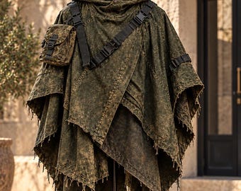 Handmade Olive Green Tactical Poncho | Distressed Wasteland Cloak with Utility Pouch