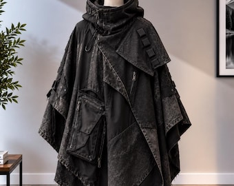 Distressed Black Techwear Hooded Poncho | Cyberpunk Wasteland Cosplay Outfit