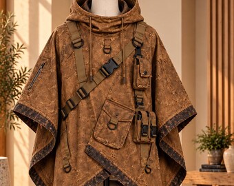 Distressed Brown Tactical Poncho | Hooded Utility Cloak with Pockets & Straps (Cosplay)