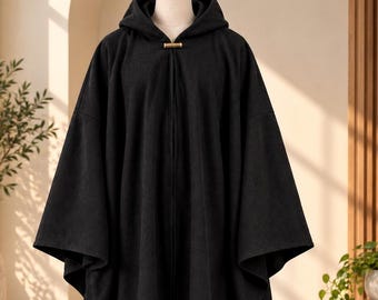 Capa de fantasía negra con capucha hecha a mano / Poncho gótico medieval, túnica para LARP y cosplay