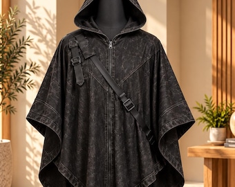 Distressed Black Hooded Poncho | Tactical Techwear Cloak with Utility Straps | Cyberpunk Wasteland Cosplay | Gothic LARP Costume