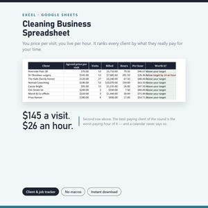 Cleaning Business Spreadsheet, Client & Job Tracker, Hourly Rate Calculator (Excel/Google Sheets)