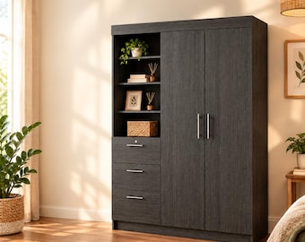 Oak Armoire Wardrobe with Drawers, Modern Bedroom Storage Cabinet, 2 Door Clothes Organizer, Open Shelves, Contemporary Wood Furniture