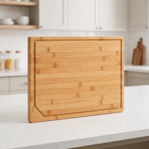 May include: A rectangular bamboo cutting board with a light brown wood grain finish. The board features a recessed juice groove running along the perimeter, with a distinct angled corner detail on the bottom left side of the surface.