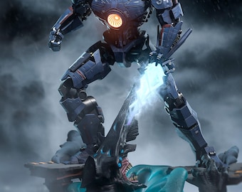 Puede incluir: Una figura de acción de robot mecánico azul con el número 34 en el hombro, que presenta un núcleo torácico naranja brillante y una espada de energía azul translúcida, de pie sobre una criatura oscura de rasgos afilados bajo la lluvia.