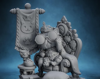 Peut inclure: Une figurine en résine grise représentant un chat portant une couronne et des lunettes rondes, assis sur un trône capitonné orné. À côté du trône se trouvent une bannière avec une icône de chat, une table avec un bol et un calice, un livre et un coussin.