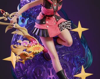 Puede incluir: Una figura de Kairi de Kingdom Hearts con cabello corto castaño rojizo y ojos azules, vistiendo un conjunto rosa y negro con capucha y falda plisada. La figura sostiene una llave espada floral, rodeada de estrellas amarillas y una base morada.