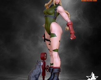 Puede incluir: Una figura de Cammy con boina roja, leotardo verde oliva y botas de combate negras, con cabello rubio trenzado. La figura está junto a un gato gris y una válvula industrial roja. Texto: CAMMY OCTOBER RELEASE 2026.