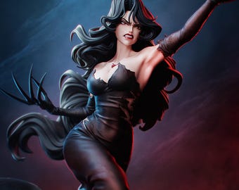 Puede incluir: Una figura detallada de una mujer con cabello largo y negro, vistiendo un vestido negro rasgado y guantes largos con garras afiladas. Tiene una expresión facial intensa. El texto "HIGH-QUALITY PRE-SUPPORTS", "PATREON.COM/BULKAMANCER" y "SCULPTED BY KAI" aparece.