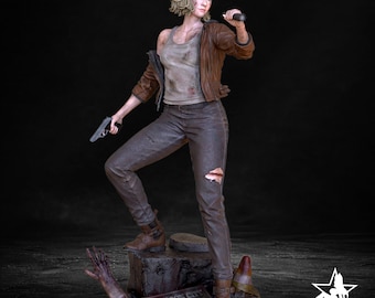 May include: A collectible figurine of a blonde character wearing a brown jacket, a light gray tank top, and dark pants with a tear at the knee. The character holds a handgun and a flashlight, standing on a base labeled RACCOON CITY.