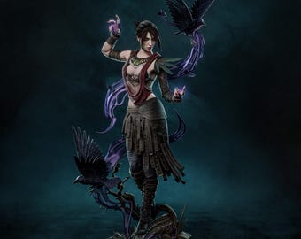 Puede incluir: Una figura detallada de resina de un personaje de pelo oscuro con ropa marrón y roja en capas, sobre una base circular. La figura está rodeada por dos cuervos negros y efectos de energía mágica púrpura, con el texto PATREON.COM/BULKAMANCER.