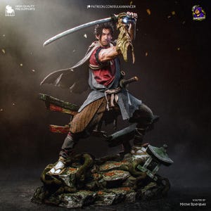 May include: A detailed figurine of a warrior in a red shirt and grey tunic, wielding a katana with a glowing gold gauntlet on one arm. The character stands on a rocky base with tree roots, a broken wooden gate, and a stone lantern, sculpted by Michel Rodrigues.